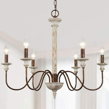 

BBNBDMZ Farmhouse Chandelier for Dining Room 6-Light French Country Chandelier with Rusty Arms Distressed White Wood 27.5\u201D L
