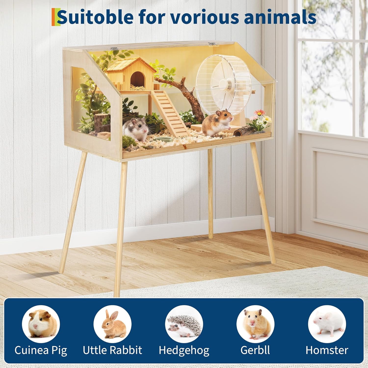 QinaQin Small Wood Hamster Cage with Legs,Openable Top & Acrylic Viewing Window,Chew Proof Rodent Habitat,Wood