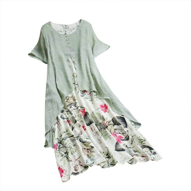 Robe Grande Taille pour Femmes Été Femmes Vintage Imprimé Patchwork Manches Courtes Été Robe Maxi Grande Taille Robe Courte pour Femmes Robe Maxi Été pour Femmes Robe Courte Été