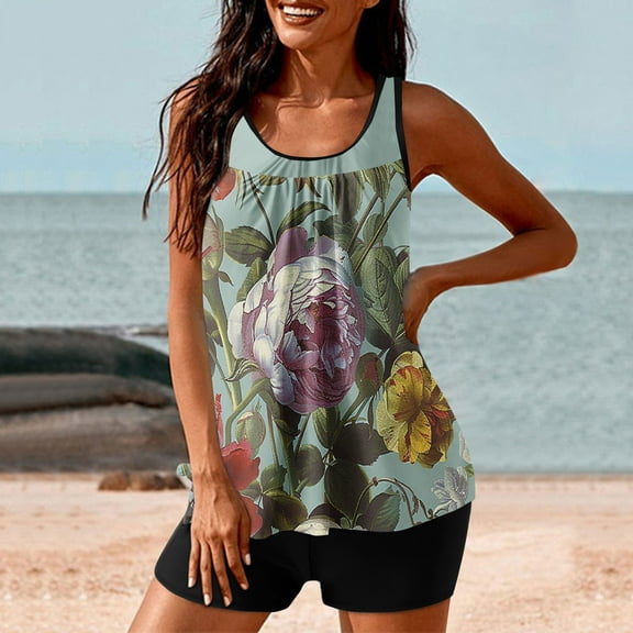 CALAFEBILA Tankini Women Swimsuit Modest Two Piece Pleated Floral Print Summer Bathing Suits
