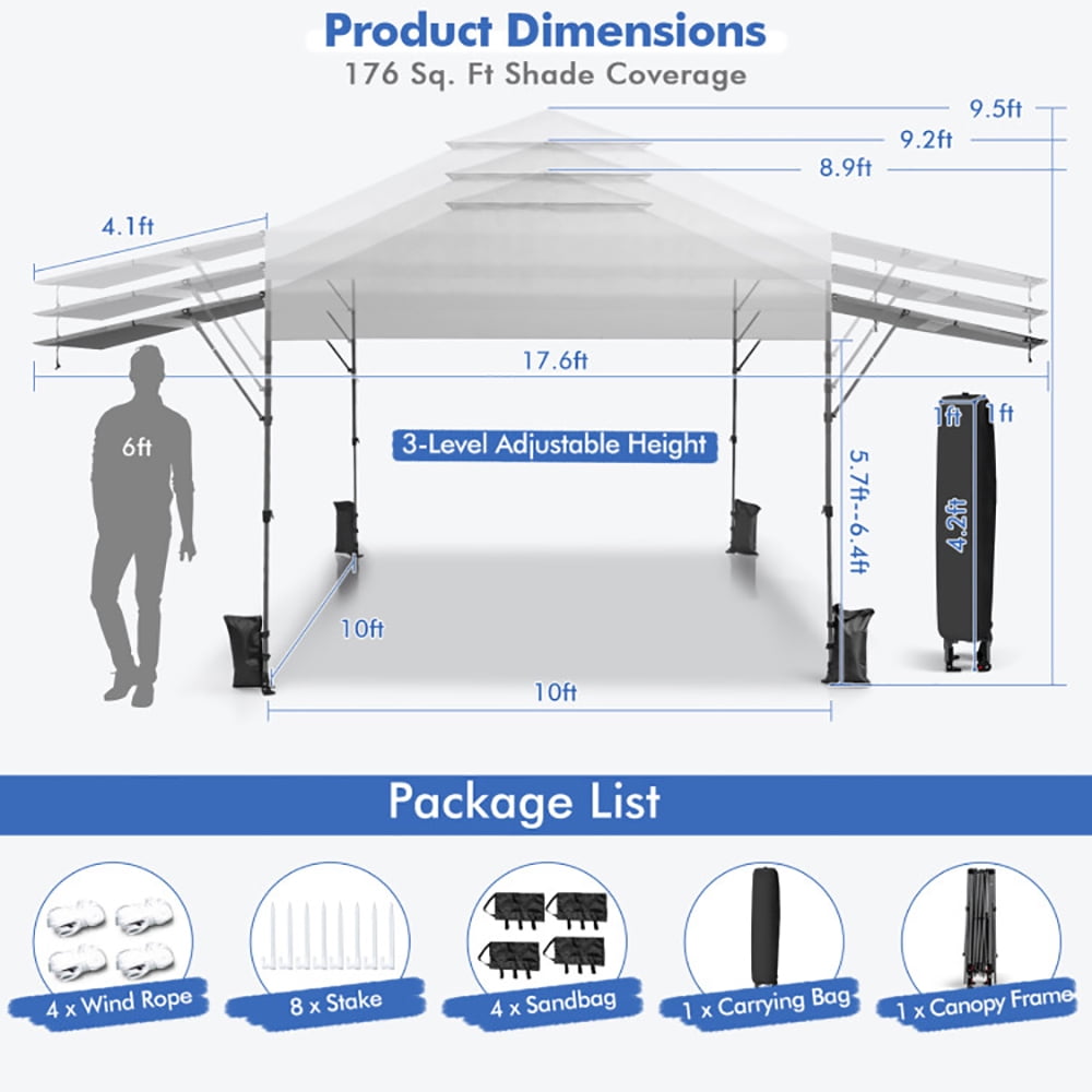 Aimee Lii 10 x 17.6 Feet Outdoor Instant Pop-up Canopy Tent with Dual Half Awnings, Backyard Canopy Gazebo for Party Camping BBQ Events, White