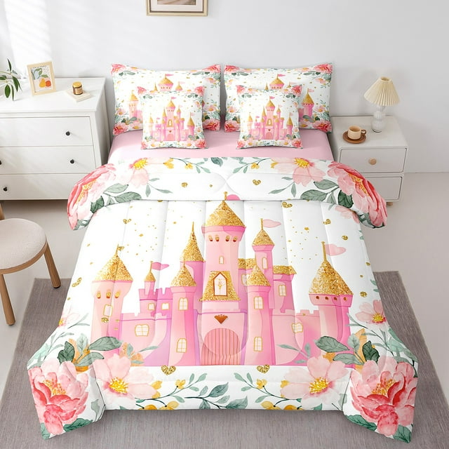 Erosebridal Ensembles de Literie Château Rose Format Simple, Literie de Princesse de Rêve Format Simple, Ensembles de Douillette Réversible Rose Fleur avec Draps, Décoration de Chambre Respirante, 7 Pcs