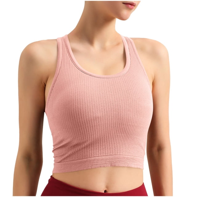 Tops Verdes Oscuros para las Mujeres Alta Elasticidad Nervadura sin Costuras Top Deportivo con Acolchado, Tops de Punto Blanco para las Mujeres