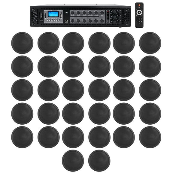 Rockville 6-Zone Amp 32 Black 5" Ceiling Speakers for Restaurant/Bar/Cafe/Office