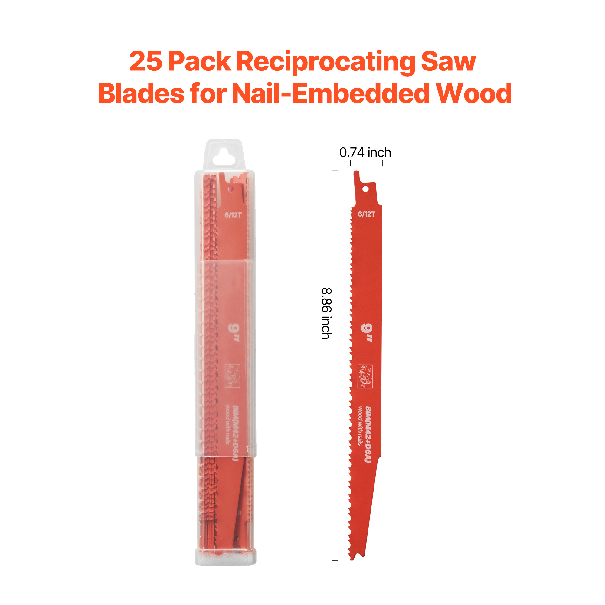 KFFKFF 25-Piece Bi-Metal Reciprocating Saw Blade Set, 6/12 TPI, Universal Shank, Designed for Quick and Precise Cuts in Wood and Nail-Embedded Wood, Ideal for Demolition Tasks, Orange