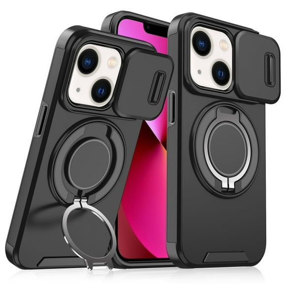 Case for iPhone 13 6.1-inch, Built In Slide Camera Cover & Rotatable Kickstand Sliding Ring Heavy Duty ShockProof Protective Case for iPhone 13,Black,For iPhone 13