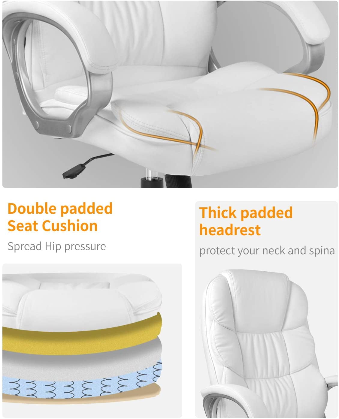 Dkelincs Executive Office Chair Big and Tall Leather Computer Chair Ergonomic Massage Desk Chair Heavy Duty Swivel Task Chair with Lumbar Support and Headrest for Adults, White