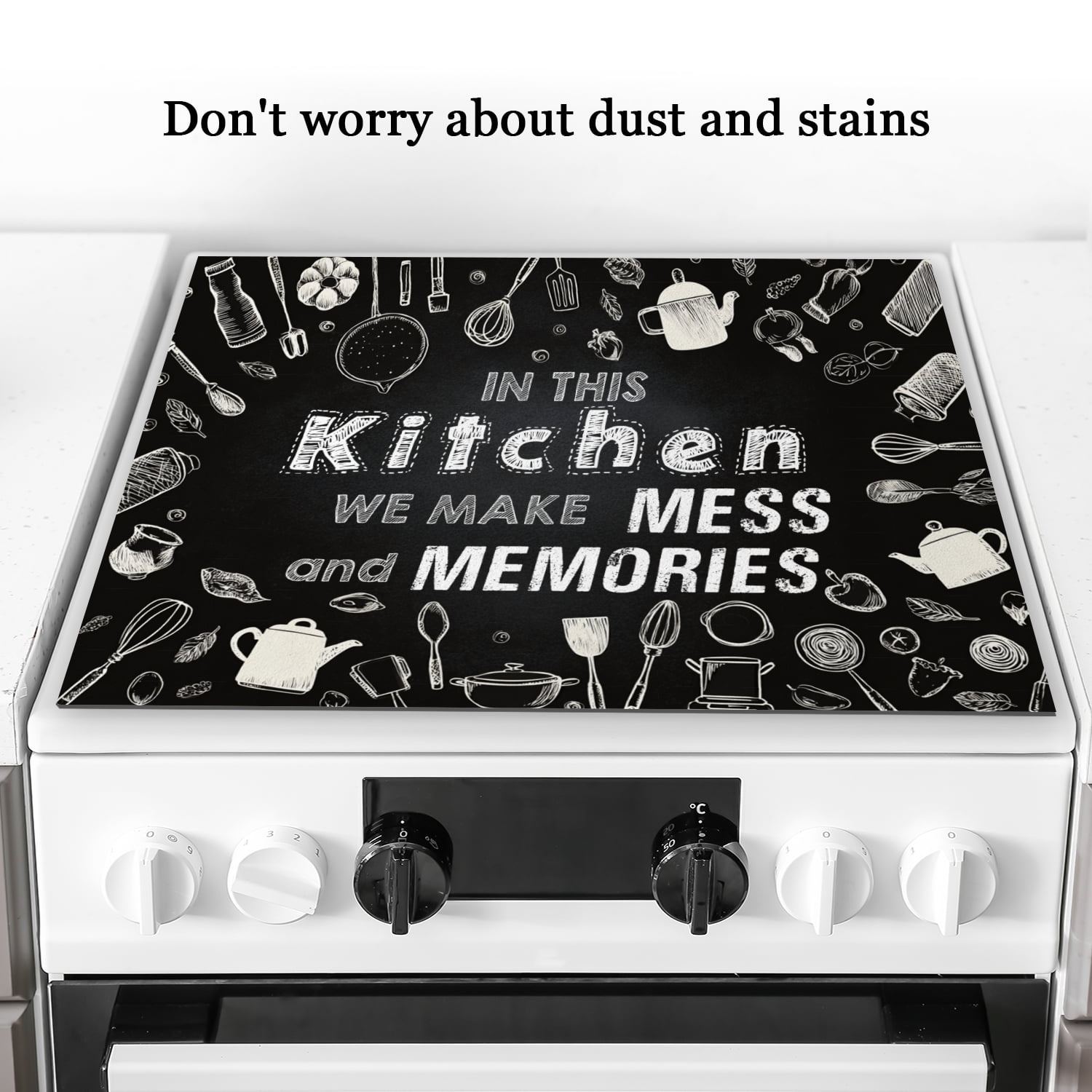 Stove Cover for Electric Cooktop, Black White Kitchen Mess and Memories Print Non-stick Glasstop Stove Cover, Non-slip Decoration Mat for Kitchen RV (28×20 Inch)