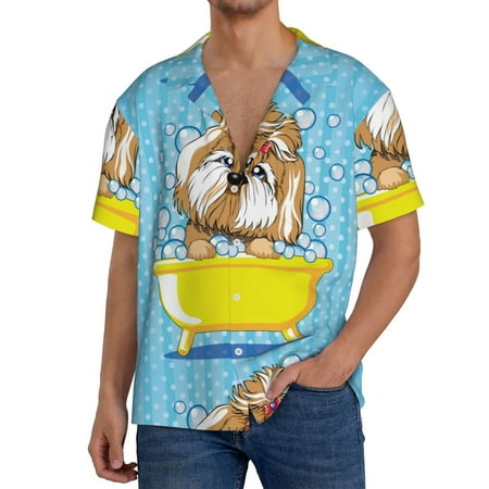Fuzoiu Dog Takes a Bath in the Bathtub Print Men s Casual Short Men s Short Sleeve Shirt Mens Casual Button Down Shirts Cuban Collar Summer Shirt for Beach Vacation and Outdoor Activities-Small
