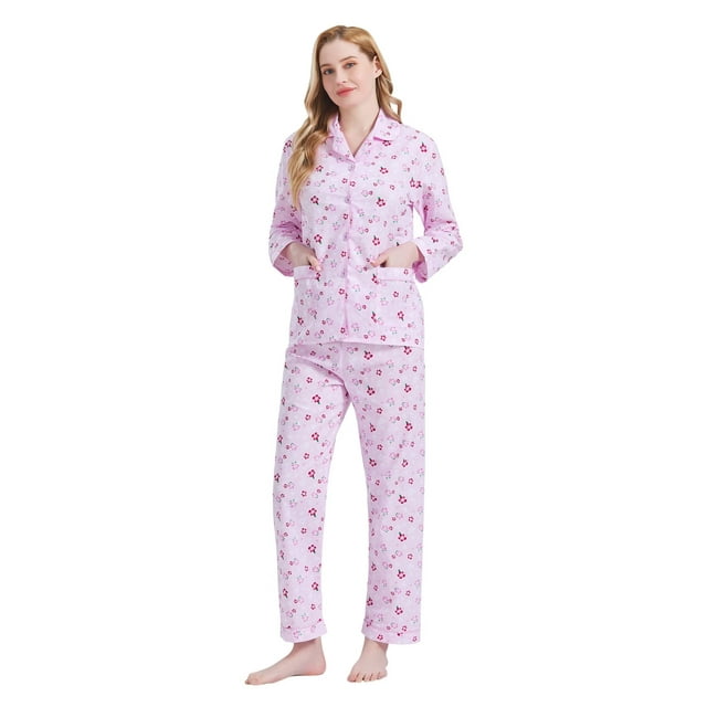 GLOBAL Conjuntos de Pijamas de Algodón para Mujer, Ropa de Dormir de Manga Larga con Botones, Ropa de Dormir Cómoda, Conjunto de Pijama Suave con Flores Rosas S