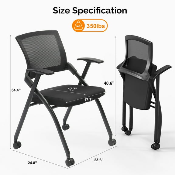 2-Pack Folding Conference Chairs – Stackable with Wheels, Rebound Back/Padded Seat, 350lbs Capacity Black for Training/Reception