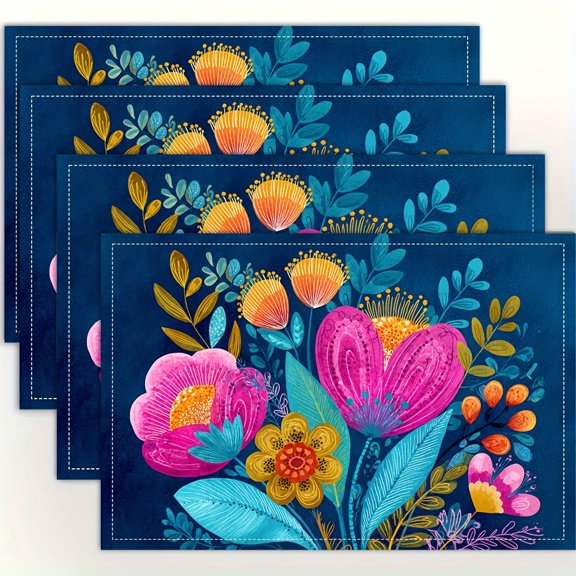 4pcs,Floral Illustration Placemats, Fashion Print Pattern Table Mat, for Dining Table, Kitchen, Party, Indoor, Holiday, Dinner Parties And Home Decor (Table Mats) 12X18 Inch