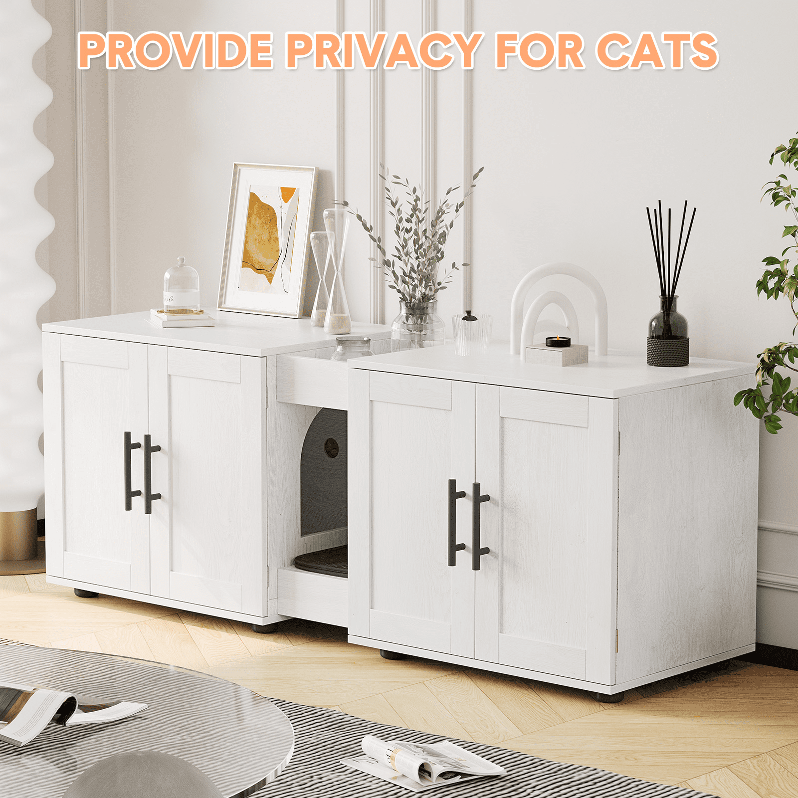 3-in-1Cat Litter Box Enclosure, 55 Inch Large Cat Box Enclosure with Double Rooms, Farmhouse Wooden Cat Washroom, Hidden Litter Box Furniture for Bedroom Living Room