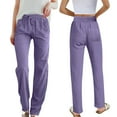 thumbnail image 2 of MIXUE Linen Pants Women Summer Solid Color High Waist Elastic Drawstring Lightweight Loose Fit Casual Pockets Straight Leg Sweatpants Outwear,Purple,S, 2 of 7