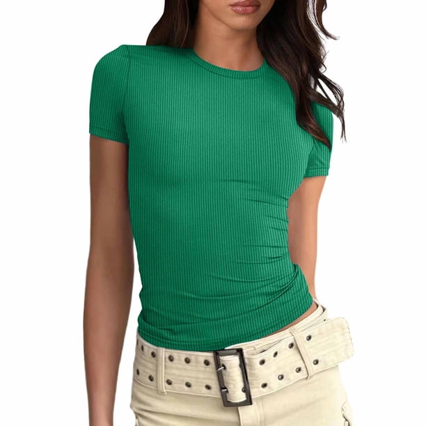 Camiseta básica ajustada de manga corta para mujer: camiseta estampada de corte ajustado, top informal de verano, ideal para el uso diario y las actividades al aire libre.