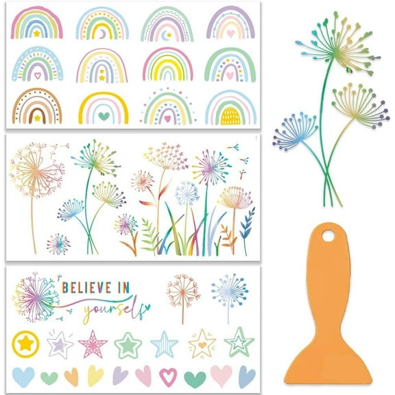 3Pcs/Set Rainbow Rub on Transfers for Furniture and Crafts 12x6 Inch Dandelion Furniture Decals Decor Rainbow Transfer Stickers with 1pc Scraper for Wood Scrapbook DIY Home Decoration Colorful