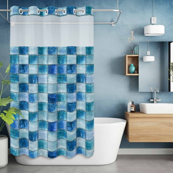 No Hook Shower Curtain with Snap in Liner, Abstract Blue Teal Buffalo Check Waterproof Fabric Bathroom Curtain Mesh Top Window, Square Glass Tiles Shower Curtains 36x72in