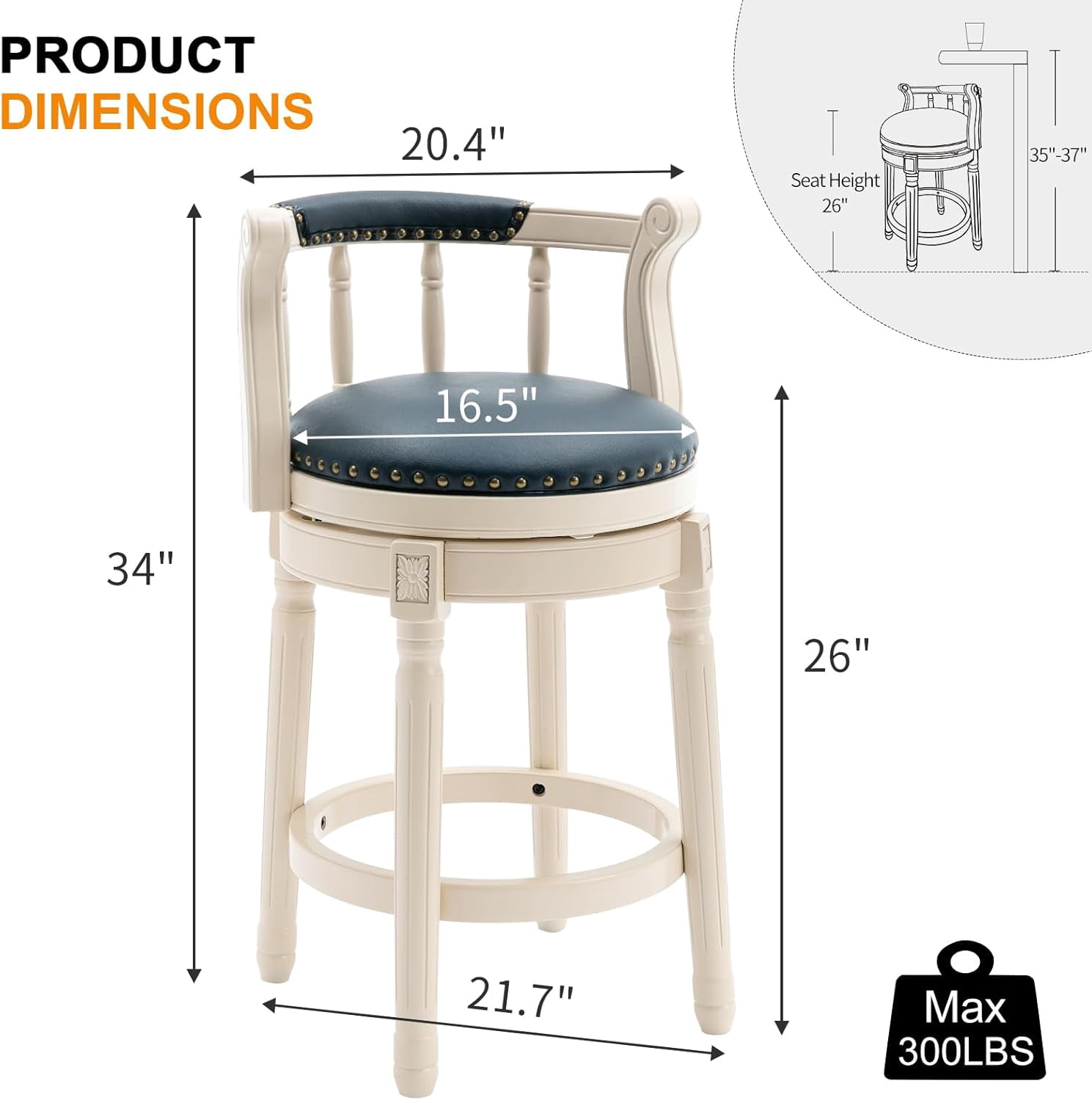 Aulife Bar Stools Genuine Leather Counter Height barstool Wooden Swivel kitchen Stool with Footrest for Kitchen Dining Room(ivory frame-Navy seat, Counter-26" seat height)