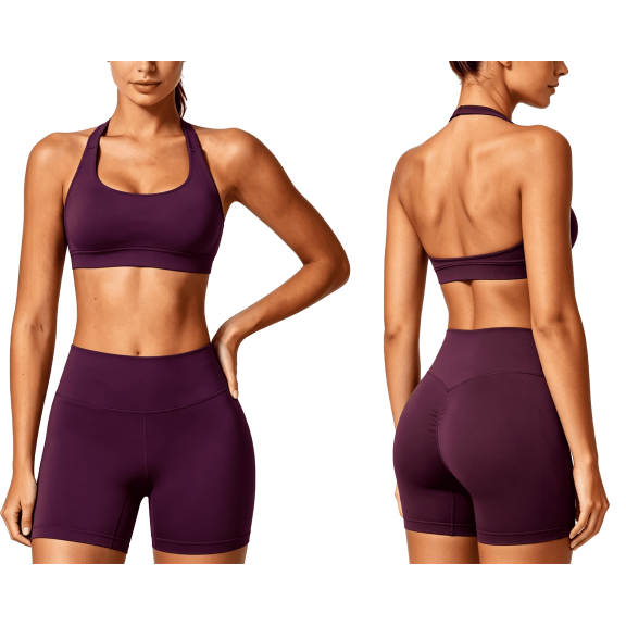 JYTJYT Workout Sets for Women 2 Piece Seamless Halter Sport Bra High Waist Shorts Exercise Gym Yoga Outfits(qie purple-l)