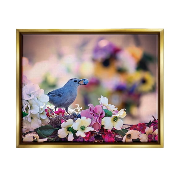 Stupell Industries Bird with Spring Flowers Animals & Insects Photography Gold Floater Framed Art Print Wall Art, 31 x 25