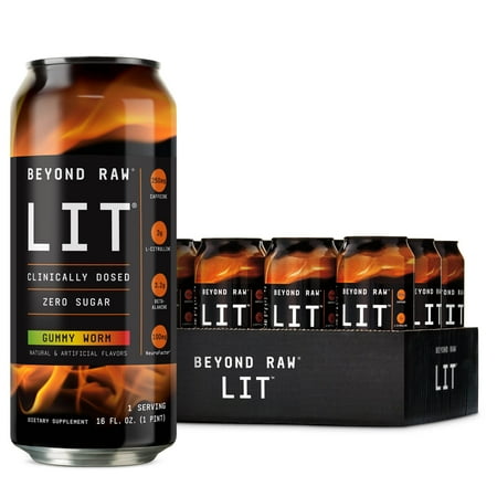 Beyond Raw LIT Ready to Drink PreWorkout, Energy, Focus, Intensity and Pumps, Nitric Oxide Boost, Zero Sugar, 250mg Caffeine with Beta Alanine, Gummy Worm, 16oz, 12 Cans