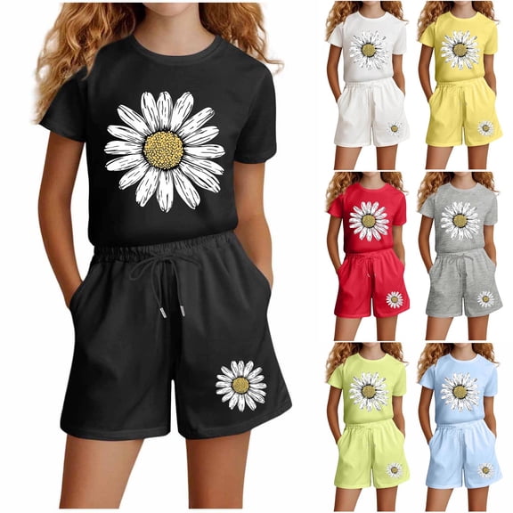 Stamzod Girls Summer Outfits Round Neck T-Shirt and Casual Shorts Outfit Set 2 Piece Shorts Sets Green B 5-6 Years
