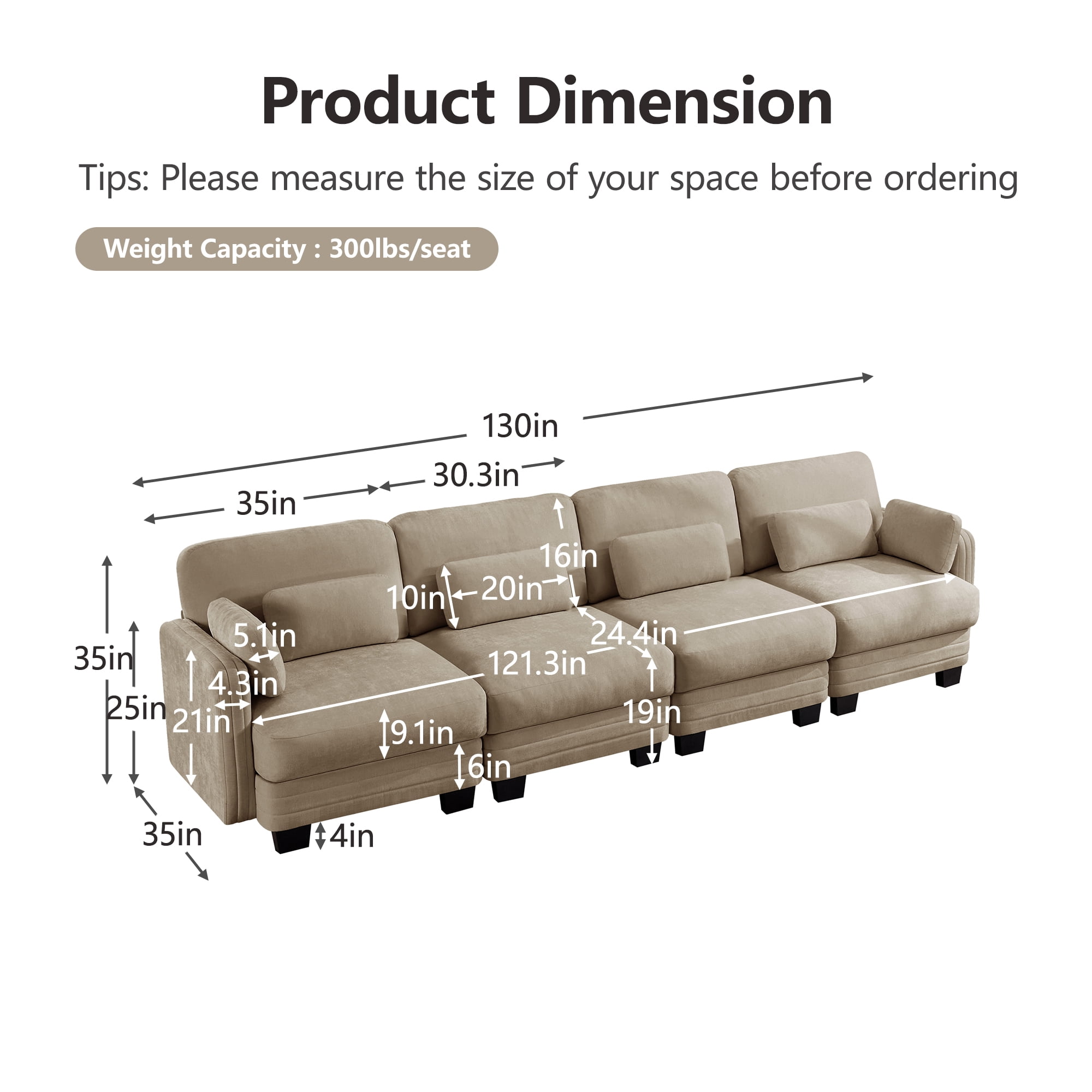 130" Tufted Modern Modular Sectional 4 Seater Sofa Couch with 6 Pillows