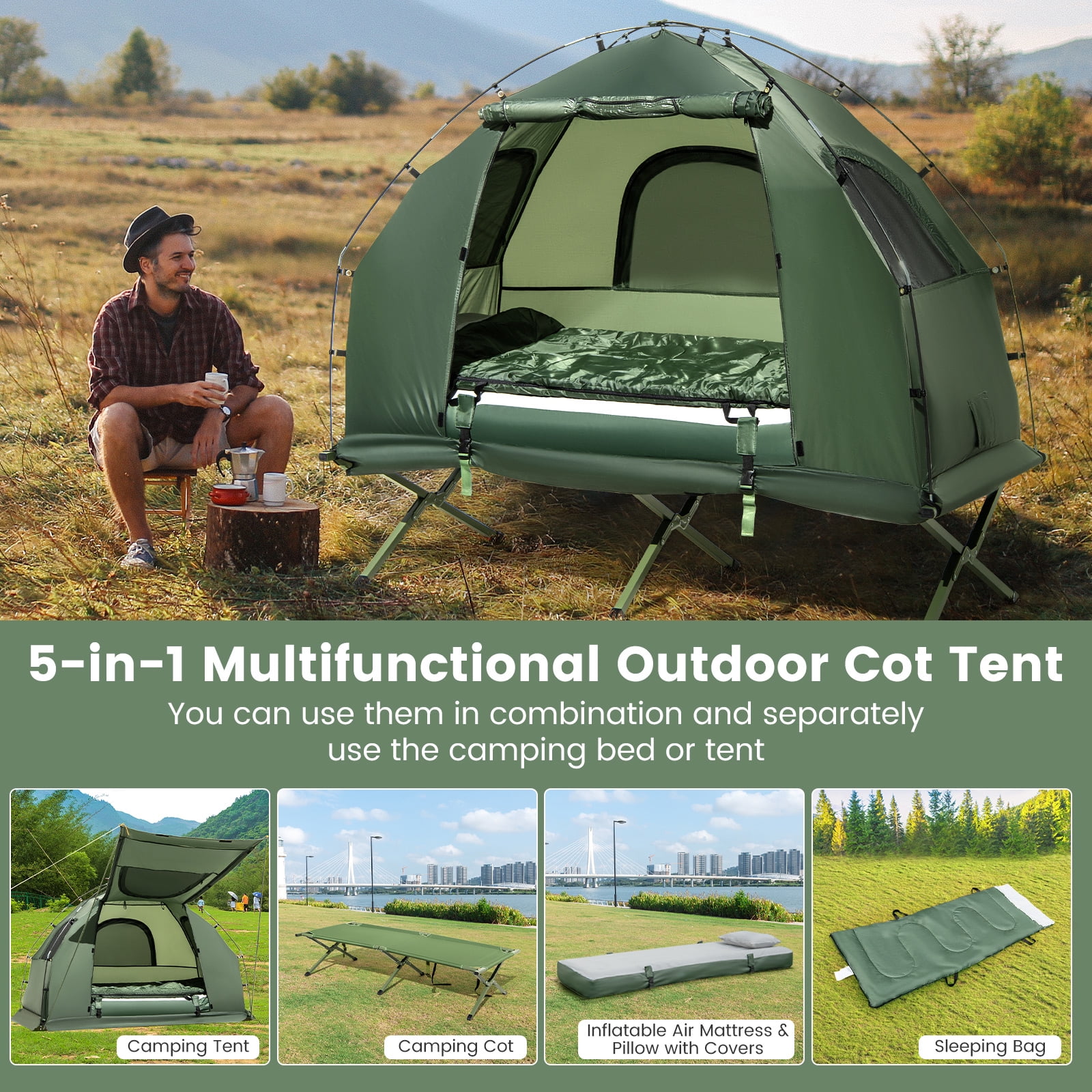 Goplus 1-Person Waterproof Camping Tent Cot with Air Mattress, Pillow, Sleeping Bag