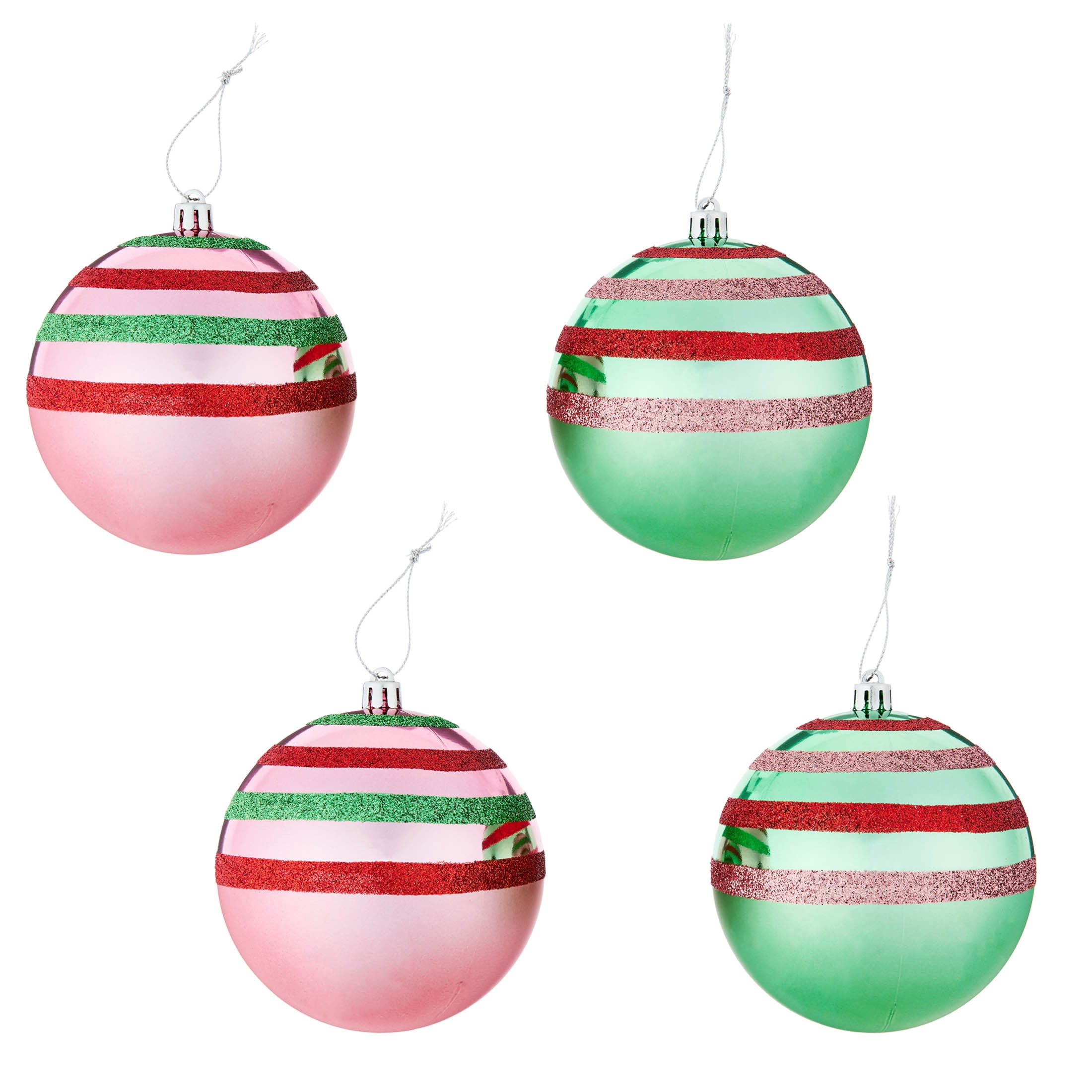 4-Count Metallic Pink and Green Glitter Stripes Ball Shatterproof Christmas Ornaments, 4.5", by Holiday Time
