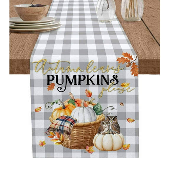 Thanksgiving Table Runner 72 Inches, Fall Pumpkins Gray Plaid Birds Farmhouse Bed Runner Dresser Scarves Tabletop for Indoor Outdoor Parties/Ceremony/Banquet, 13" x 72"