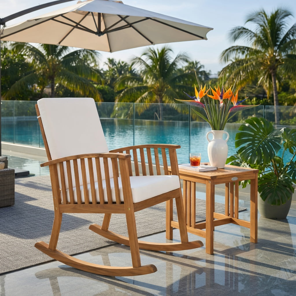 Hommoo 2-Piece Acacia Wood Rocking Chair & Side Table Set with Removable Cushions, Teak Outdoor Patio Furniture for Deck, Backyard, Balcony, and Indoor Living Room, Natural