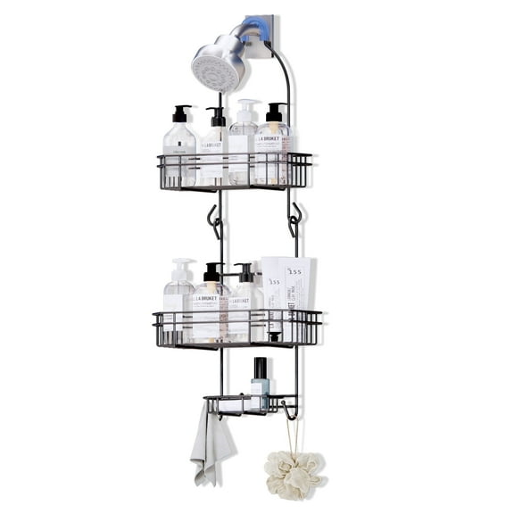 Topritt Shower Caddy Hanging over Shower Head, Rustproof Bathroom Organizer Shelf Rack with Soap Holder, No-Drill Shower Storage for Shampoo, Conditioner, Body Wash, Black