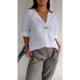 thumbnail image 3 of QUTETN Summer Linen V-Neck Shirt Top - 3/ 4 Roll-Up Sleeve Loose Solid Blouses Tunic Tops With Button for Women, 3 of 4