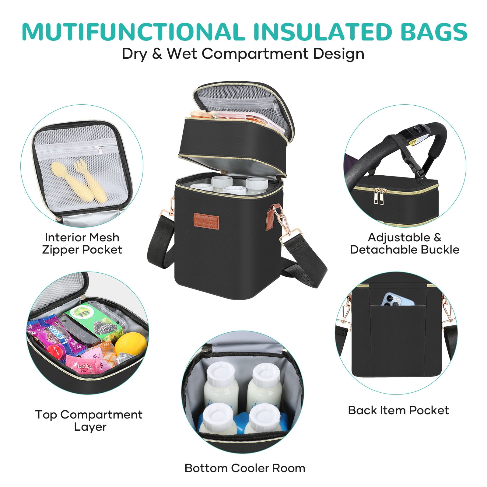Breastmilk Cooler Bag with Ice Pack ,Fits 4x 9oz Bottles, Insulated Baby Bottle Tote with Shoulder Strap, Small Thermal Nursing Bag for Working Moms & Daycare (Black-S)