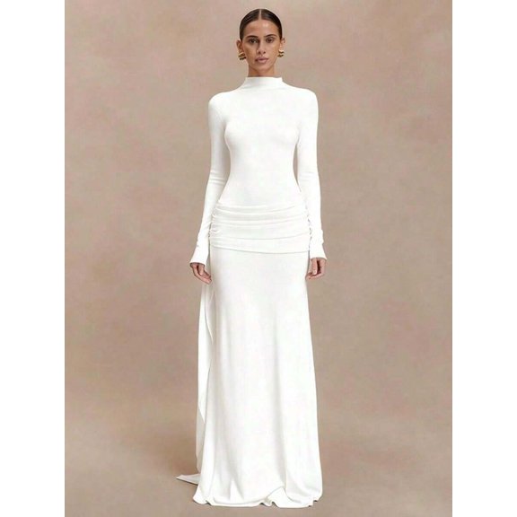 White Turtleneck Long Sleeve Maxi Dress With Ruched Waist