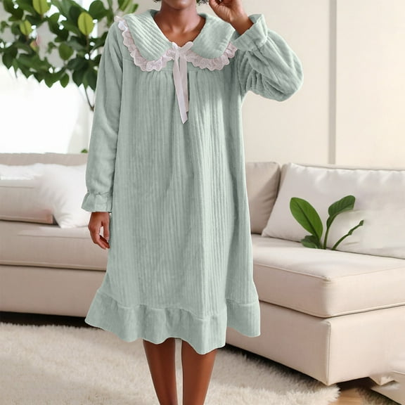 Flannel Long Nightgowns for Women Long Sleeves Sleepwear for Women Casual Maxi Dress House Dresses Green XXL
