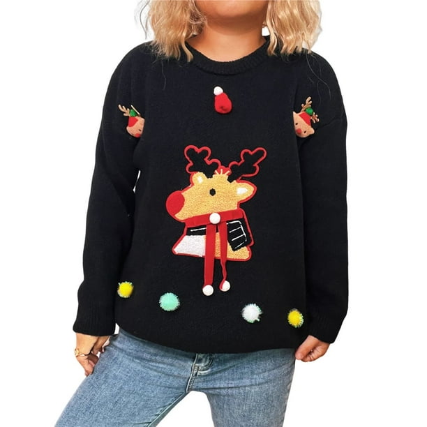 Suéteres Navideños Feos para Mujer, Suéteres Gráficos de Larga, Suéteres Casuales de Punto para Otoño e Invierno para Mujer Negro S