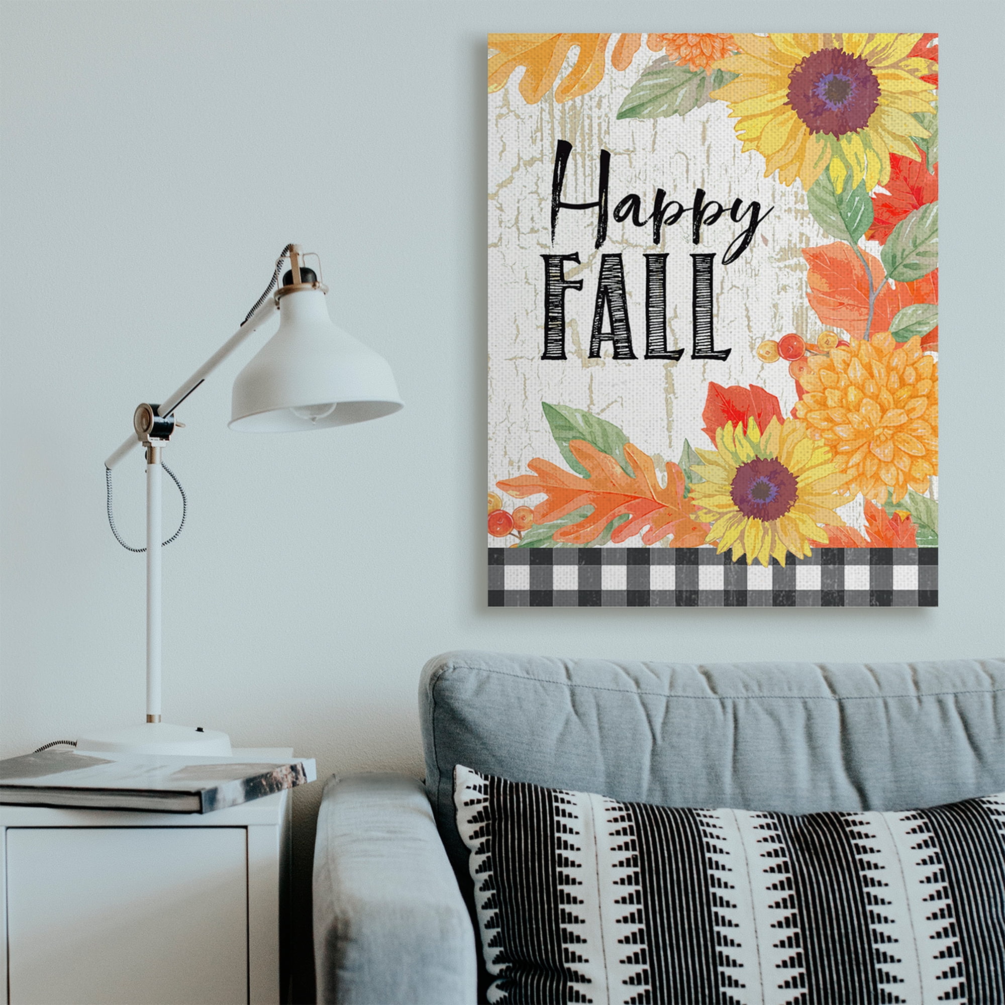 Stupell Industries Happy Fall Phrase Checkered Plaid Sunflower Floral Landscape Painting Gallery Wrapped Canvas Art Print Wall Art, 36 x 48