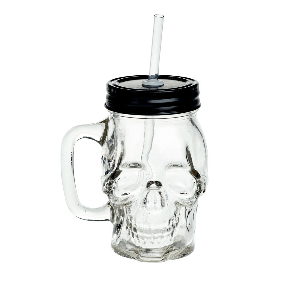 Details about   Halloween Silver Skull drinking Glass jar with straw set of 2 