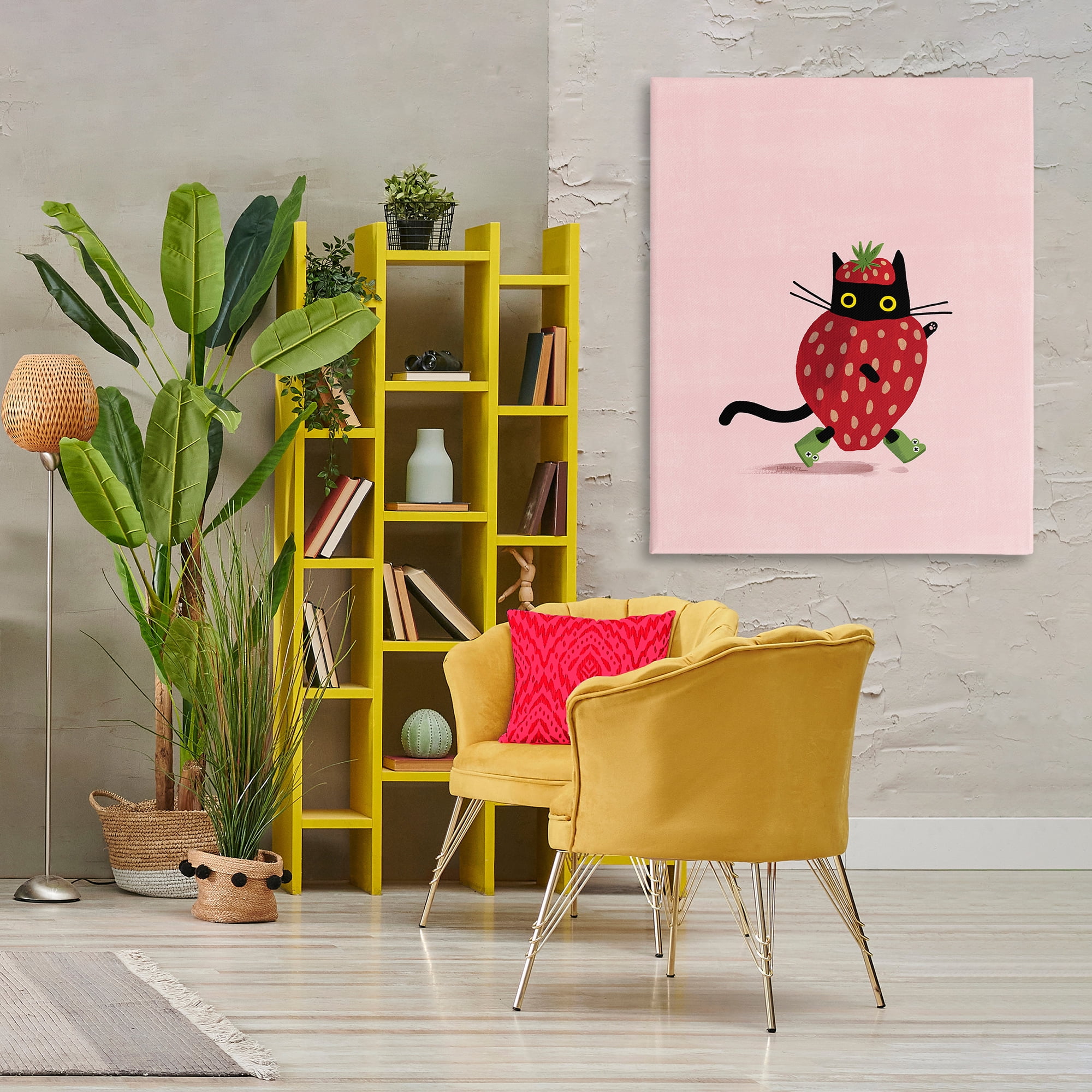 Stupell Industries Strawberry Cat on Pink Animals Painting Wrapped Canvas Art Print Wall Art, 36 x 48