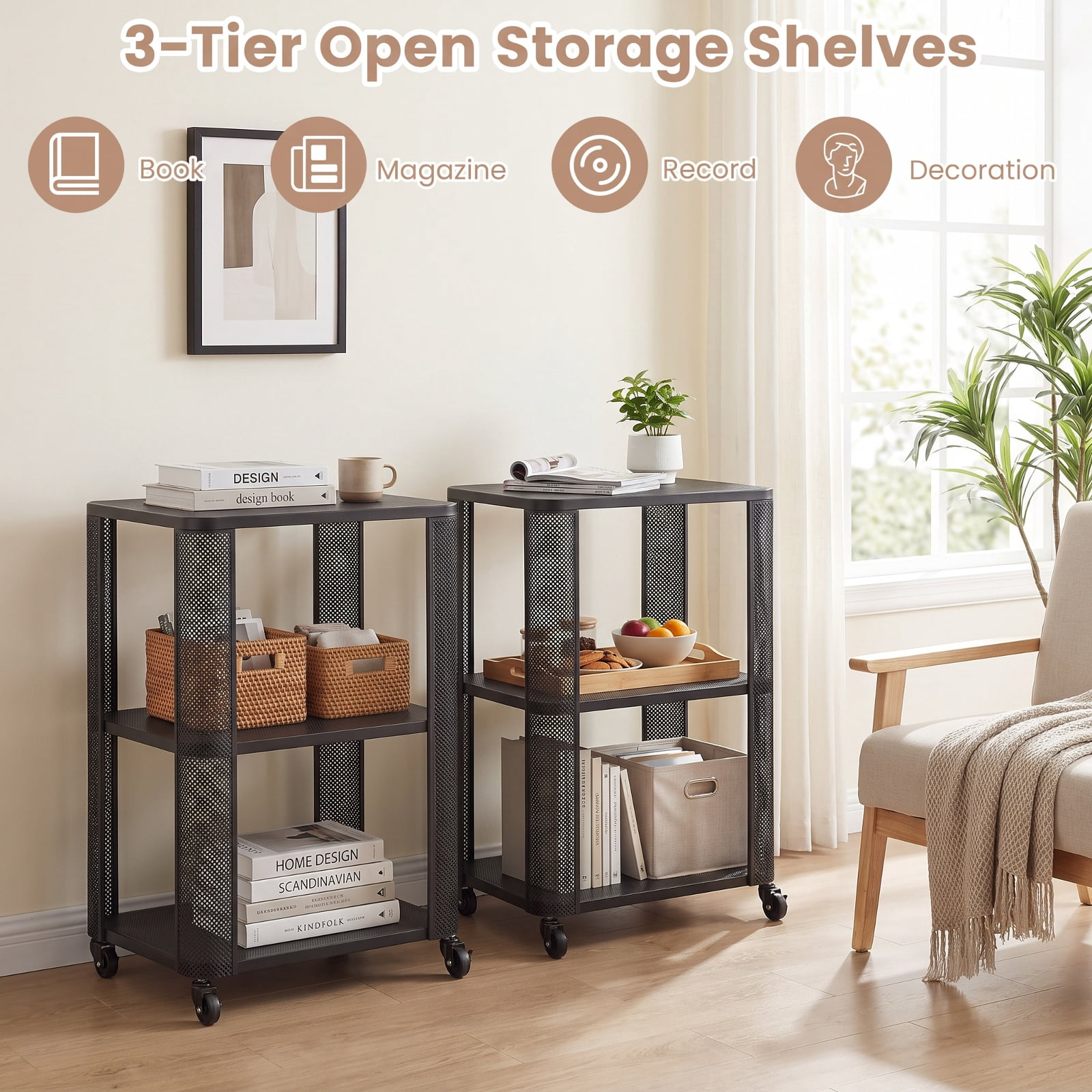 Furnibear 3 Tier Rolling End Table Set of 2 with Locking Casters and Metal Mesh Storage Shelves for Living Room Bedroom and Dorm, Black