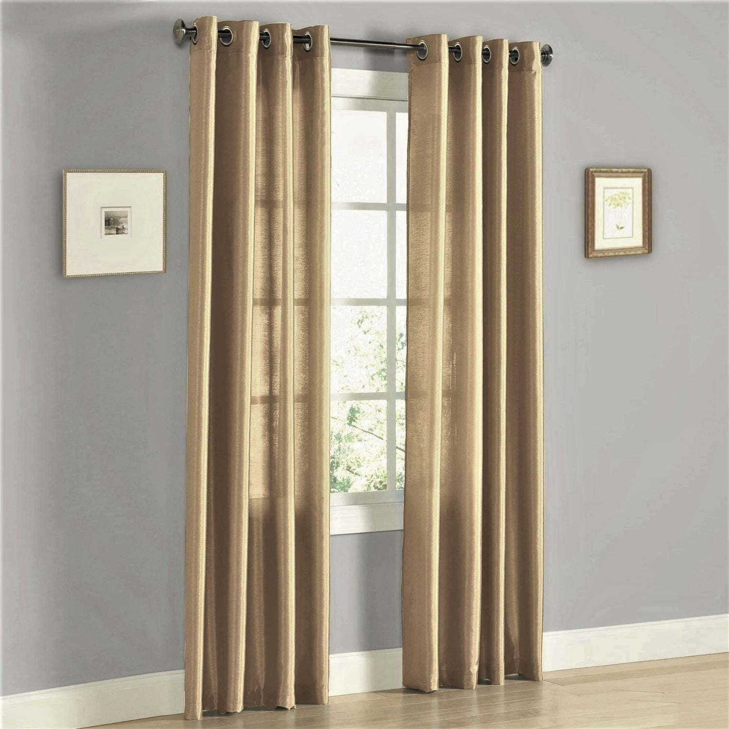 1 SILKY 2 TONE SOLID GROMMET FAUX SILK WINDOW CURTAIN PANEL HEIDI IVORY TAUPE 