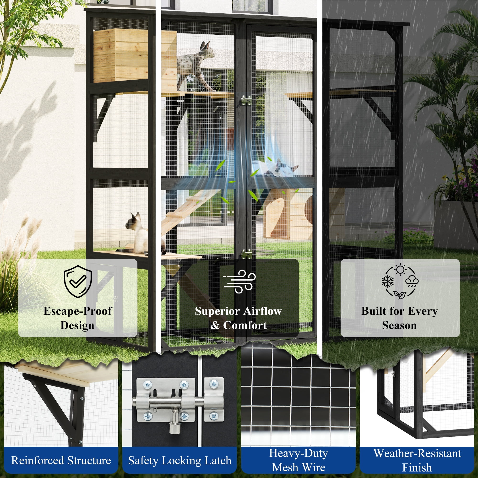 ANPOO 63''Luxury Walk-In Outdoor Catio, Large Wooden Cat Enclosure with Sloped Weatherproof Roof, Multi-Level Cat House with Cat Condo, Sisal Post & Ramps, Escape-Proof Cat Cage for Multiple Cats