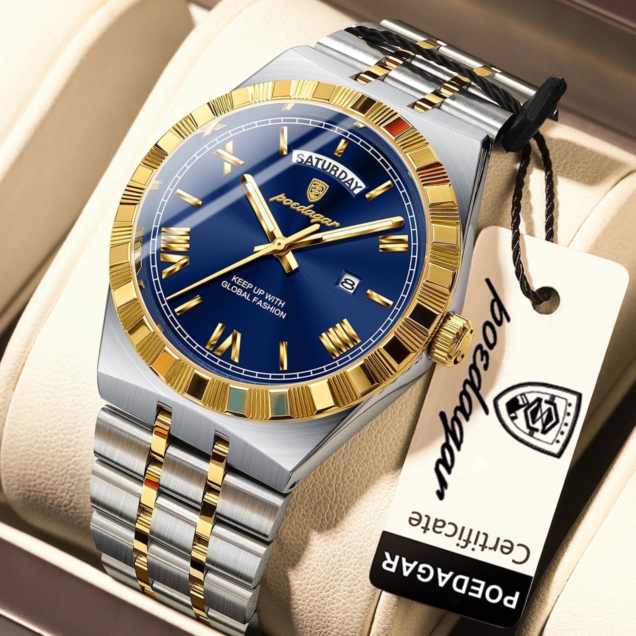 POEDAGAR Luxury Men's Waterproof Luminous Wrist Watch with Date Week Display Stainless Steel Strap