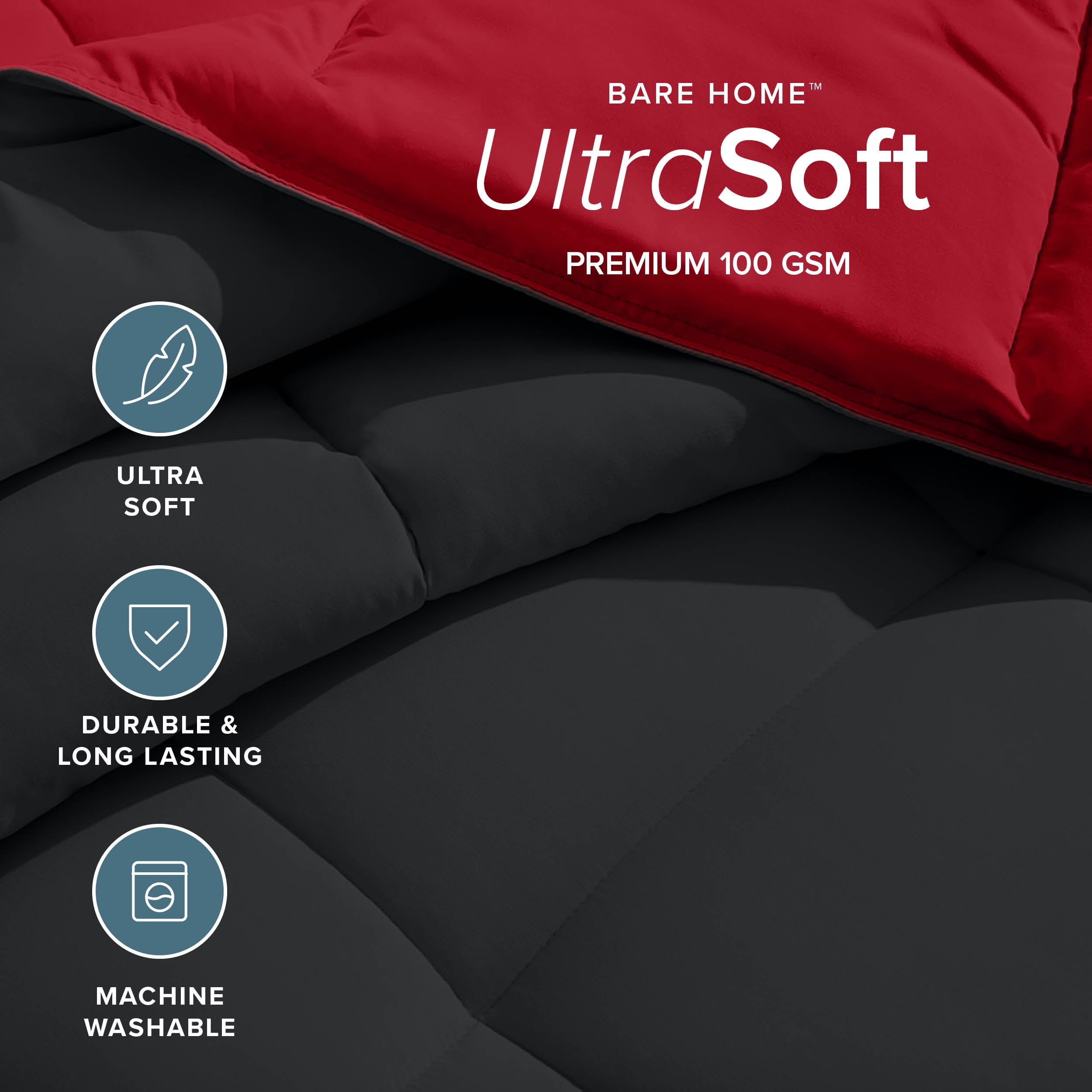 Bare Home 1800 Collection Reversible Down Alternative Comforter, All-Season, Full, Black/Red