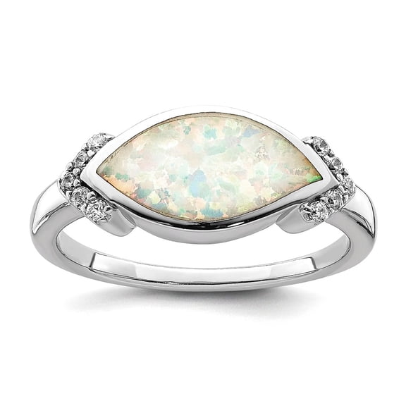 925 Sterling Silver Rhodium Plated Marquise Opal and Cubic Zirconia Ring Size 8 1.95mm Wide Ring for Women