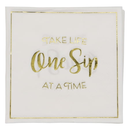 Celebrate It Beverage Napkins Take Life One Sip at a Time Metallic Print White & Gold 4.8 x 4.8 12 Packs (240 Total Count)