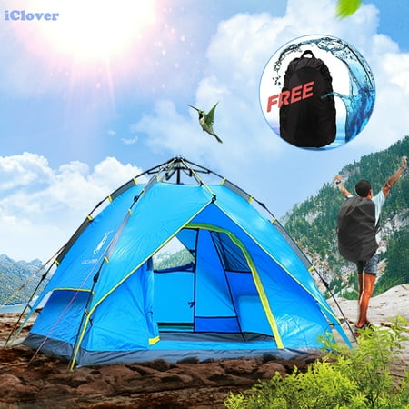 - Waterproof Hydraulic Automatic Camping Tent + Free Backpack Rain Cover,iClover 3/4 People Portable Pop Up Camping Family Sun Shelter Tents Cabana Anti-mosquito for Outdoor Hiking Sleeping Napping