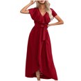 thumbnail image 1 of AherBiu Robe Maxi d'Été Fluide pour Femmes en Mousseline, à Volants, Manches Courtes à Revers, Fente, Plage, 1 of 7