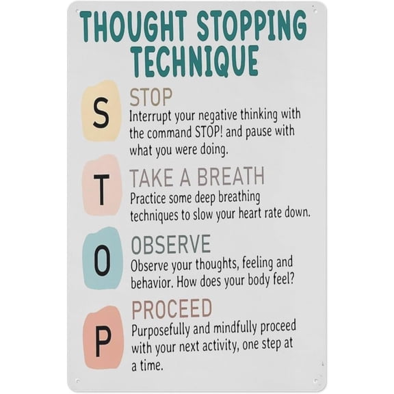 Thought Stopping Technique Metal Tin Sign 8x12 Inch Mental Health Wall Art Plaque for Therapist Office Counseling School Decor